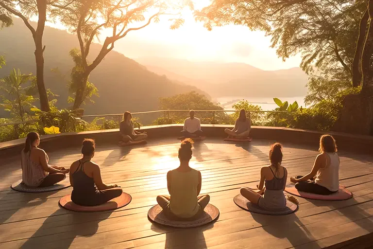 Top 100 holistic healing: Boost Health and Productivity 1 group people practicing yoga mat evening sunrise yoga thailand generative ai